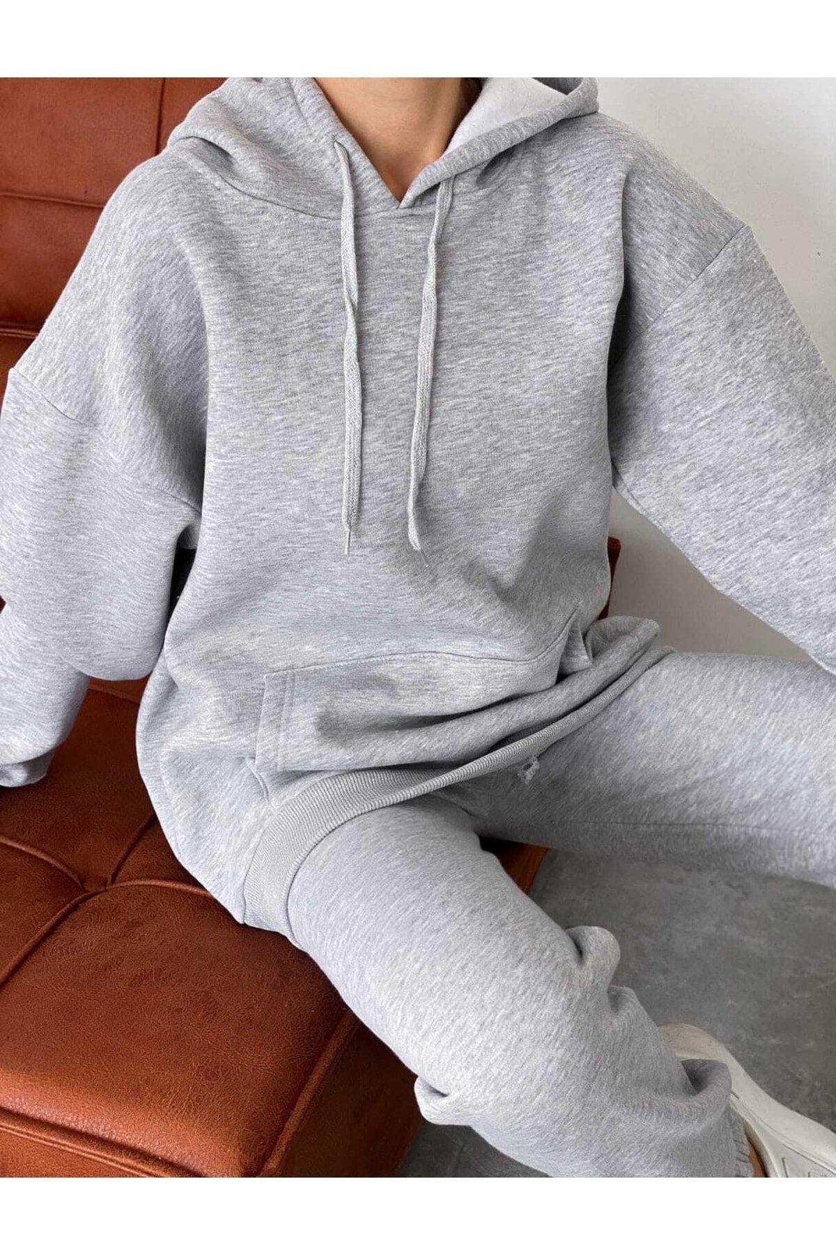 3 Iplik Kapüşonlu Polarlı Sweatshirt