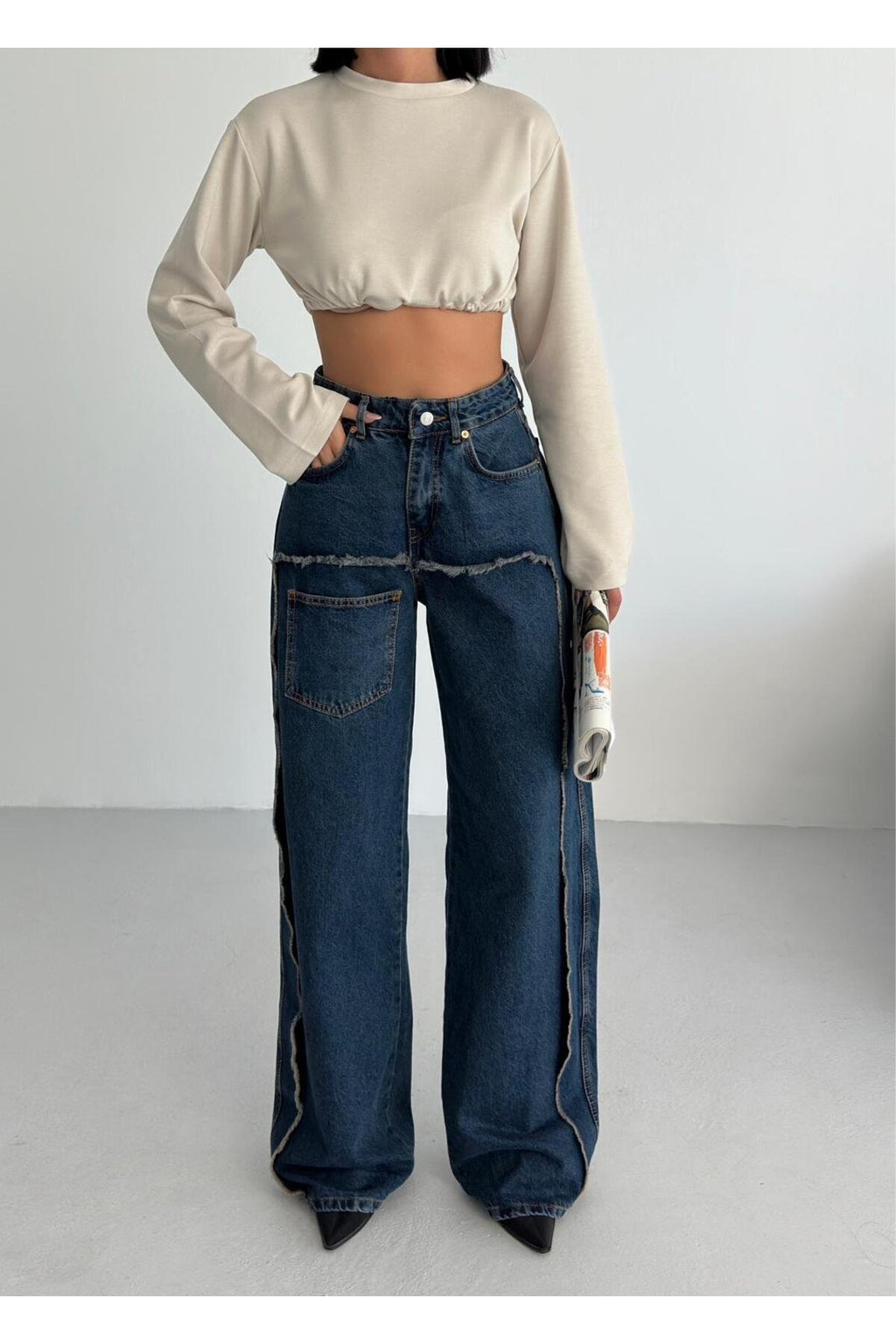 Dikiş Detaylı Geniş Paça Kadın Jean Pantolon