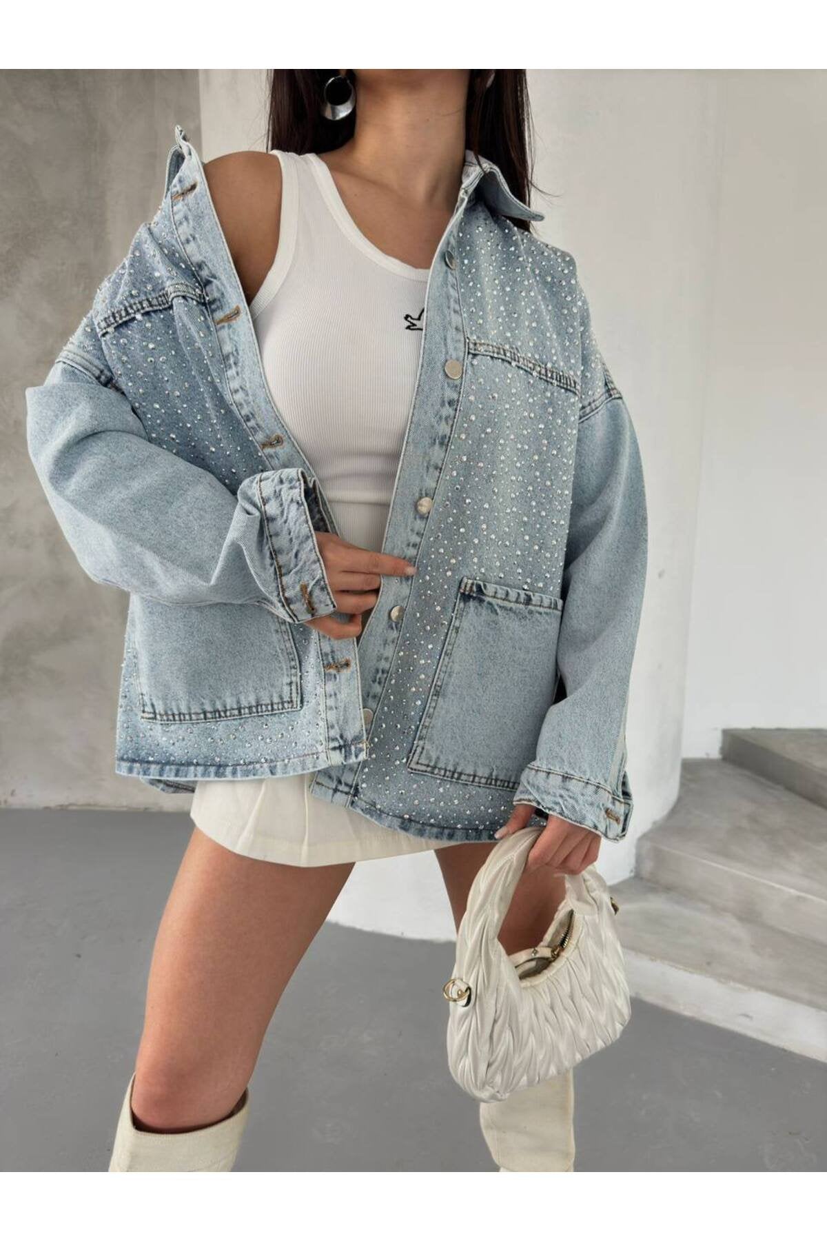 "Taş Detaylı Oversize Kot Ceket"