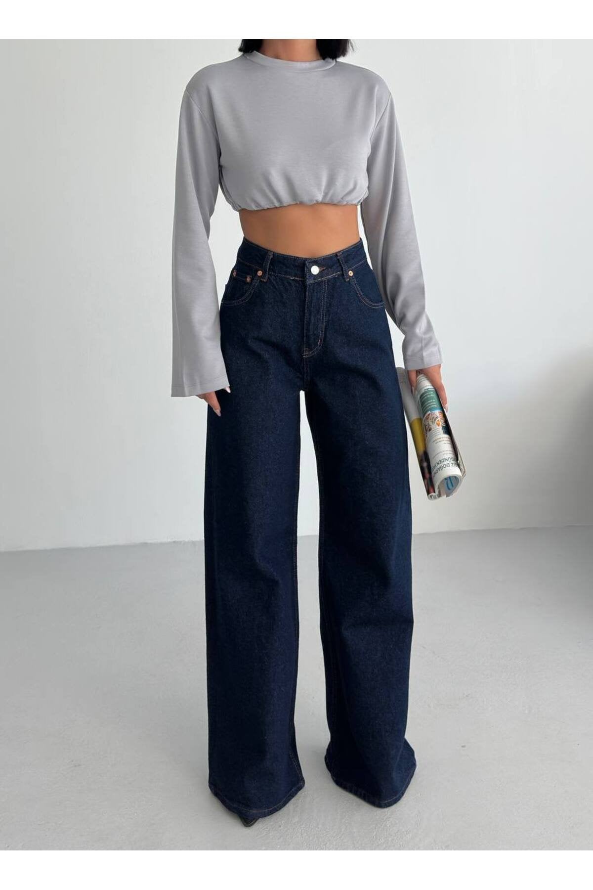 Yüksek Bel Geniş Paça Kadın Jean Pantolon