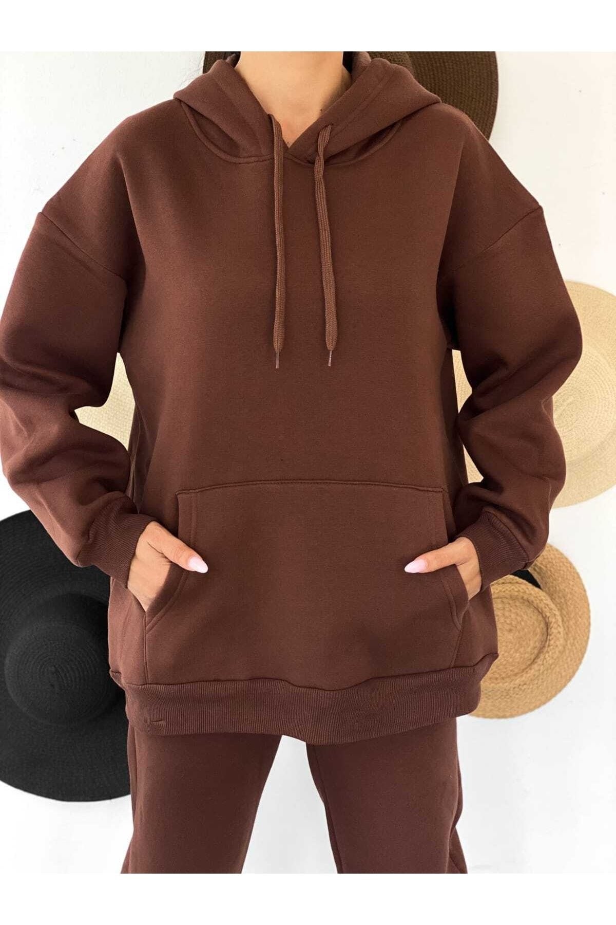 3 Iplik Kapüşonlu Polarlı Sweatshirt