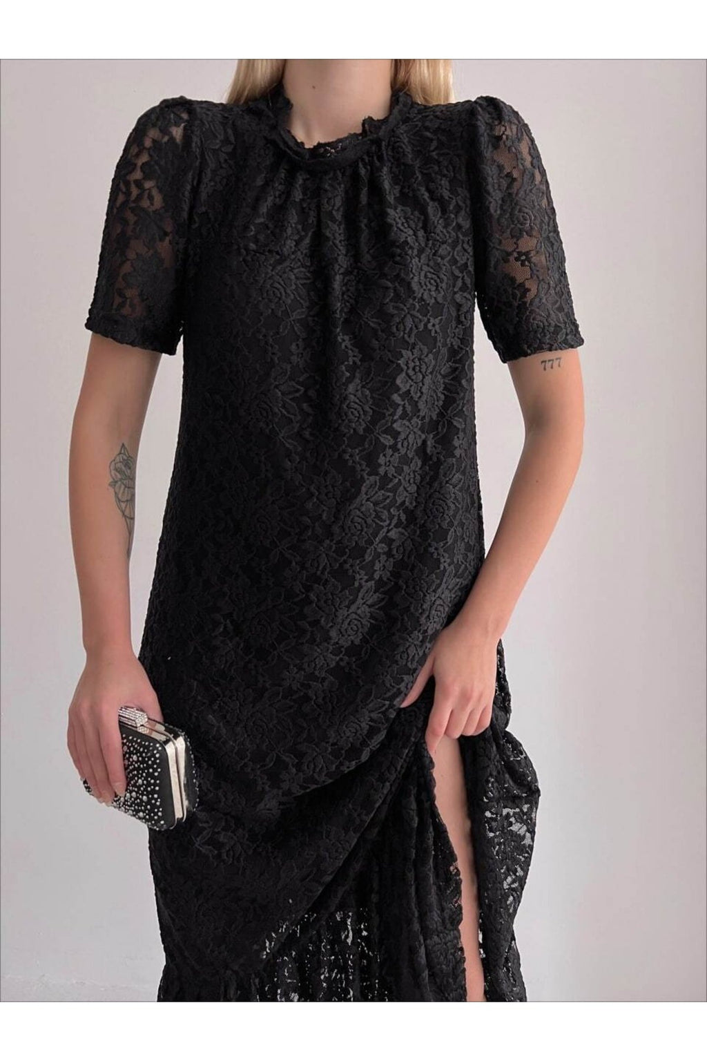 Yeni Sezon Bisiklet Yaka Kısa Kol Dantel Elbise