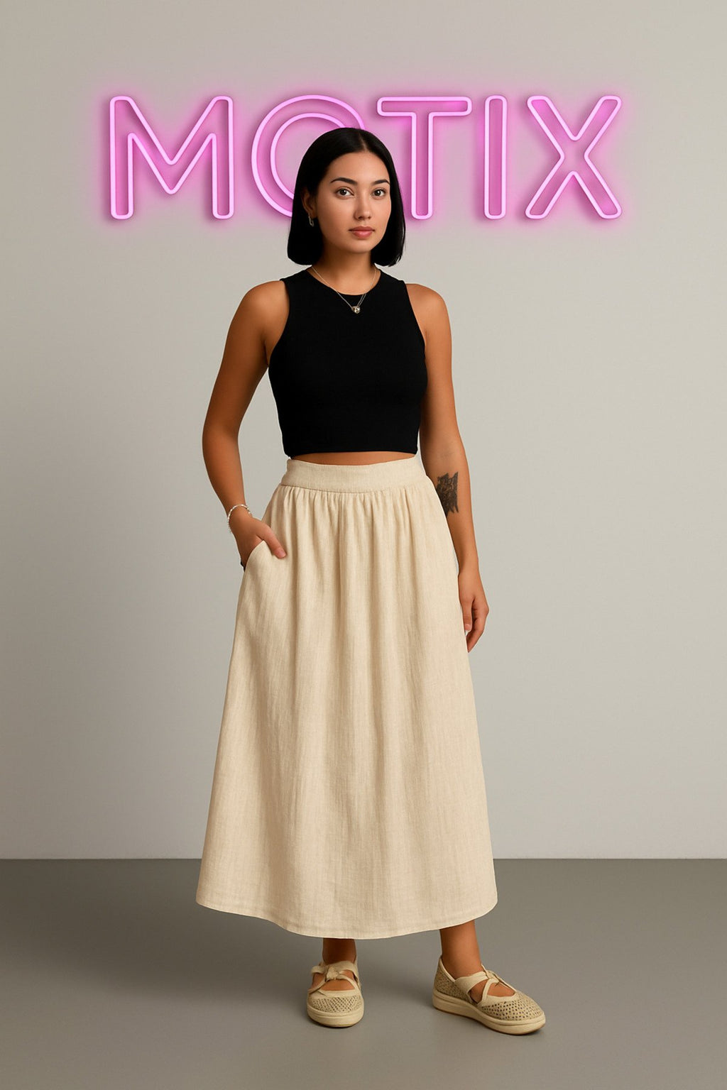 Doğal Şıklığın Simgesi: krem Renk Salaş Kesim Midi Etek