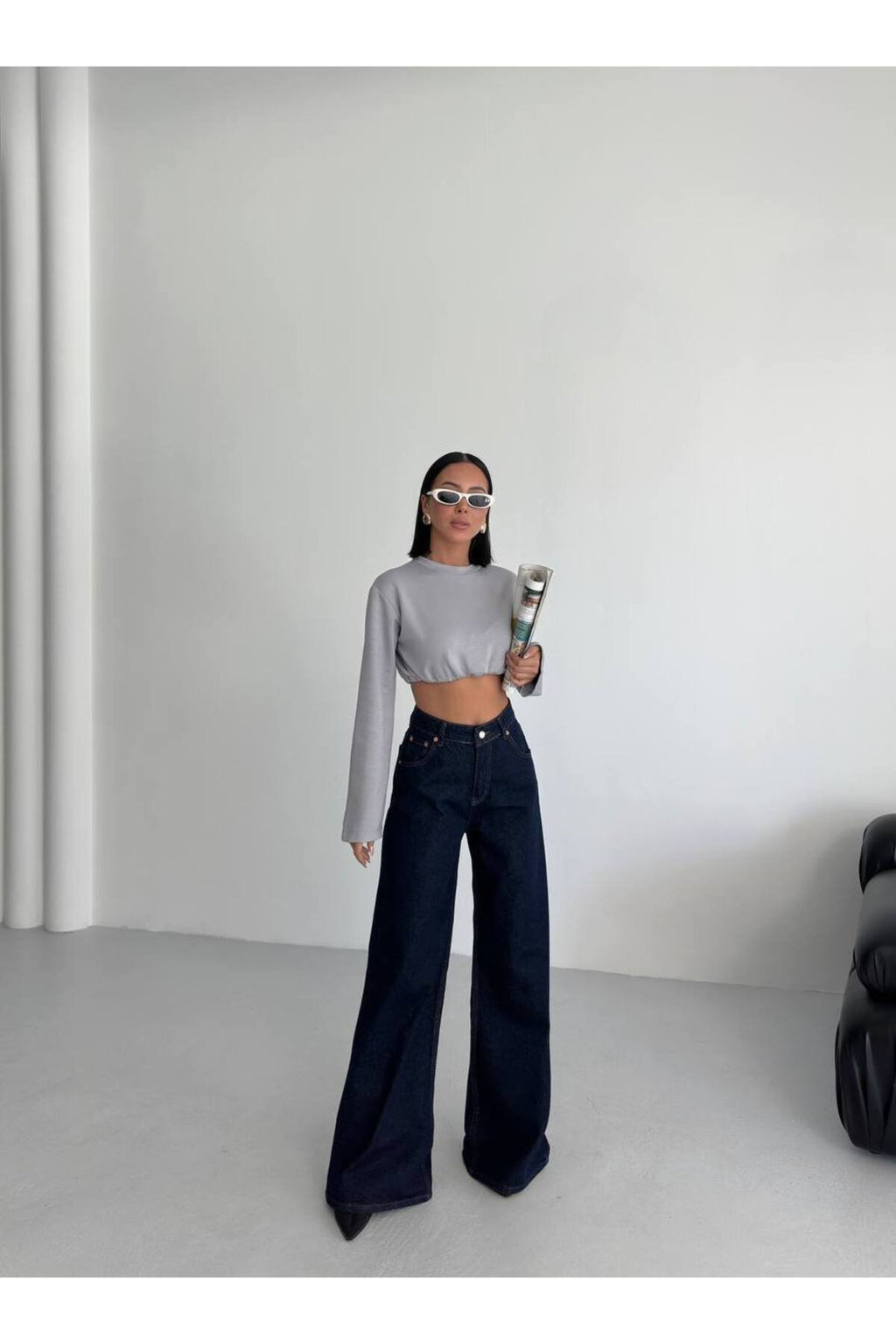 Yüksek Bel Geniş Paça Kadın Jean Pantolon