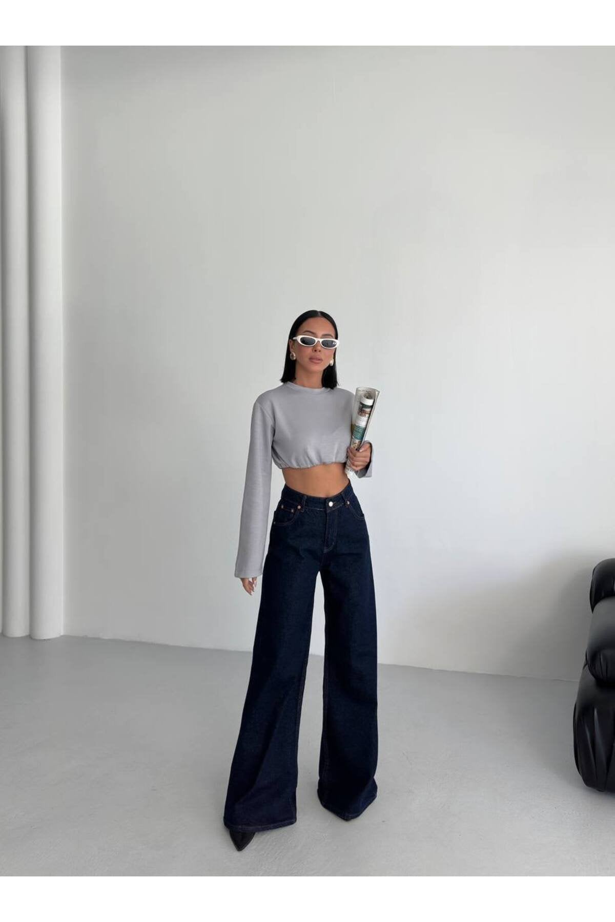 Yüksek Bel Geniş Paça Kadın Jean Pantolon