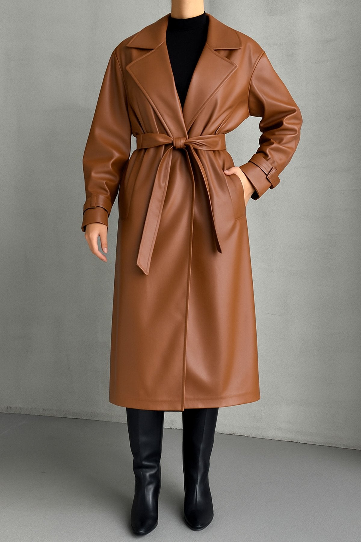 KEMER DETAYLI UZUN DERİ TRENÇ