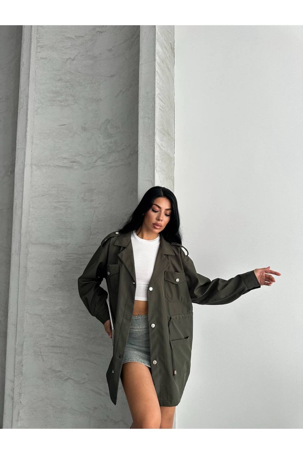 4 CEPLİ BEL BAĞLAMALI KISA TRENCH COAT CEKET