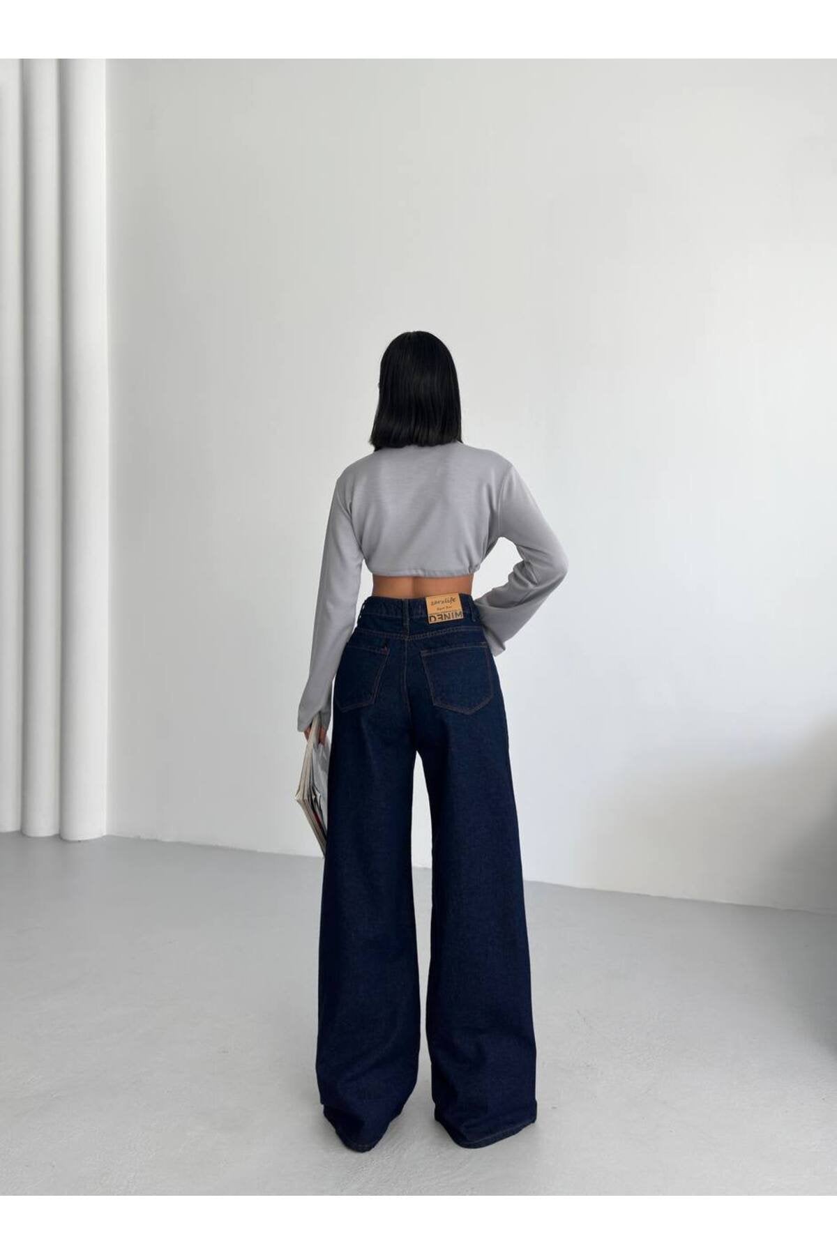 Yüksek Bel Geniş Paça Kadın Jean Pantolon
