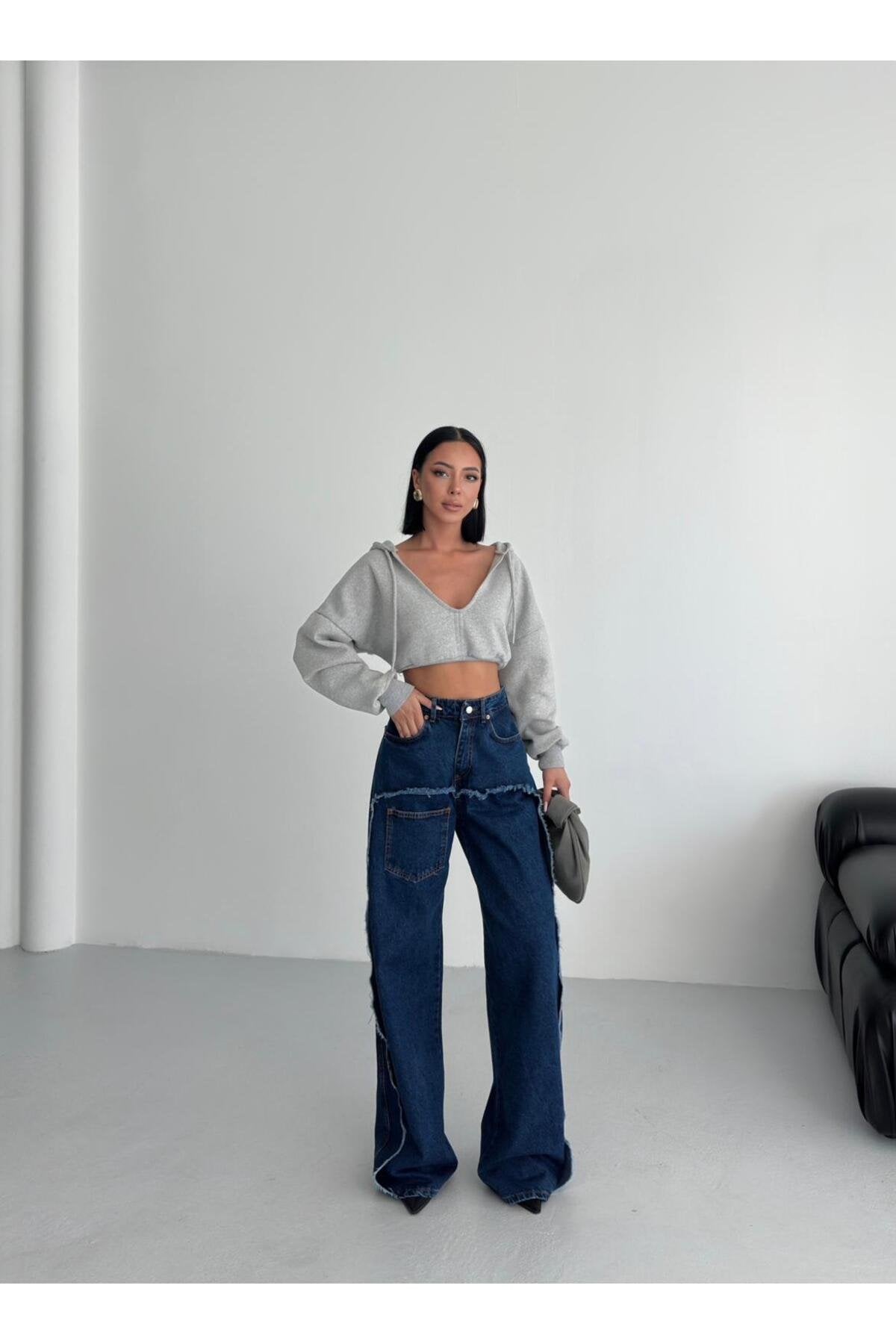 Dikiş Detaylı Geniş Paça Kadın Jean Pantolon