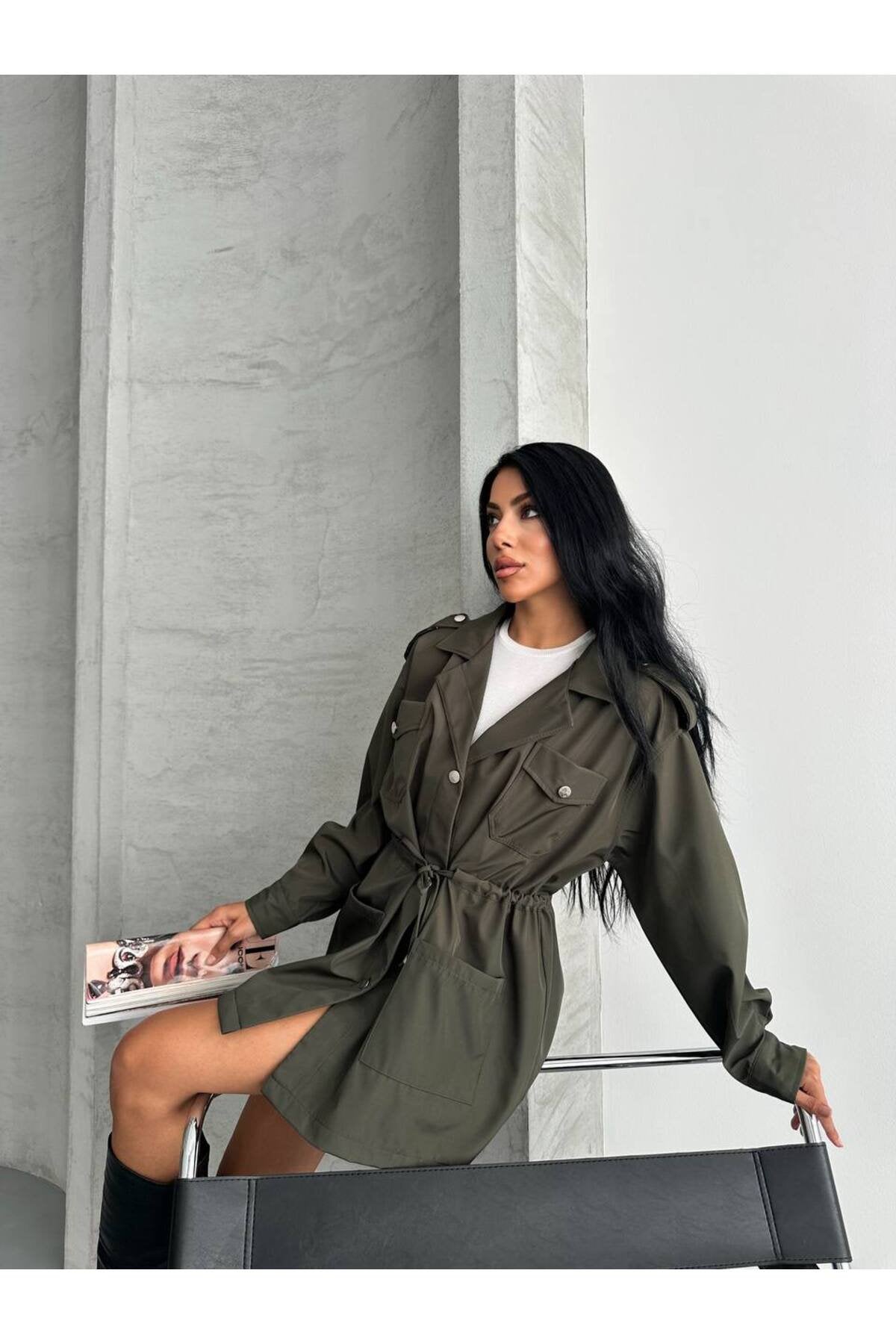 4 CEPLİ BEL BAĞLAMALI KISA TRENCH COAT CEKET