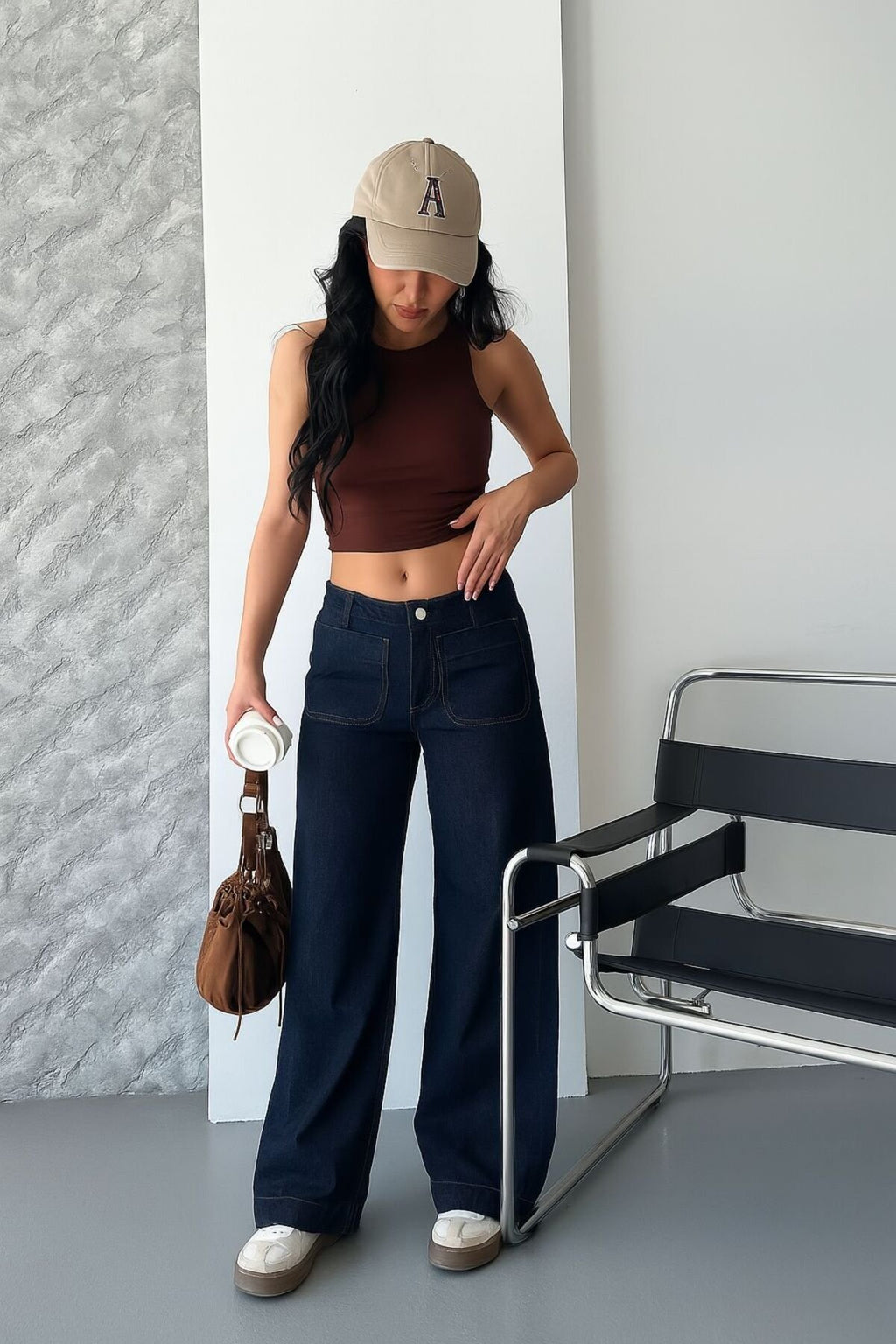 Kadın Yüksek Bel Cepli Bol Paça Denim Pantolon