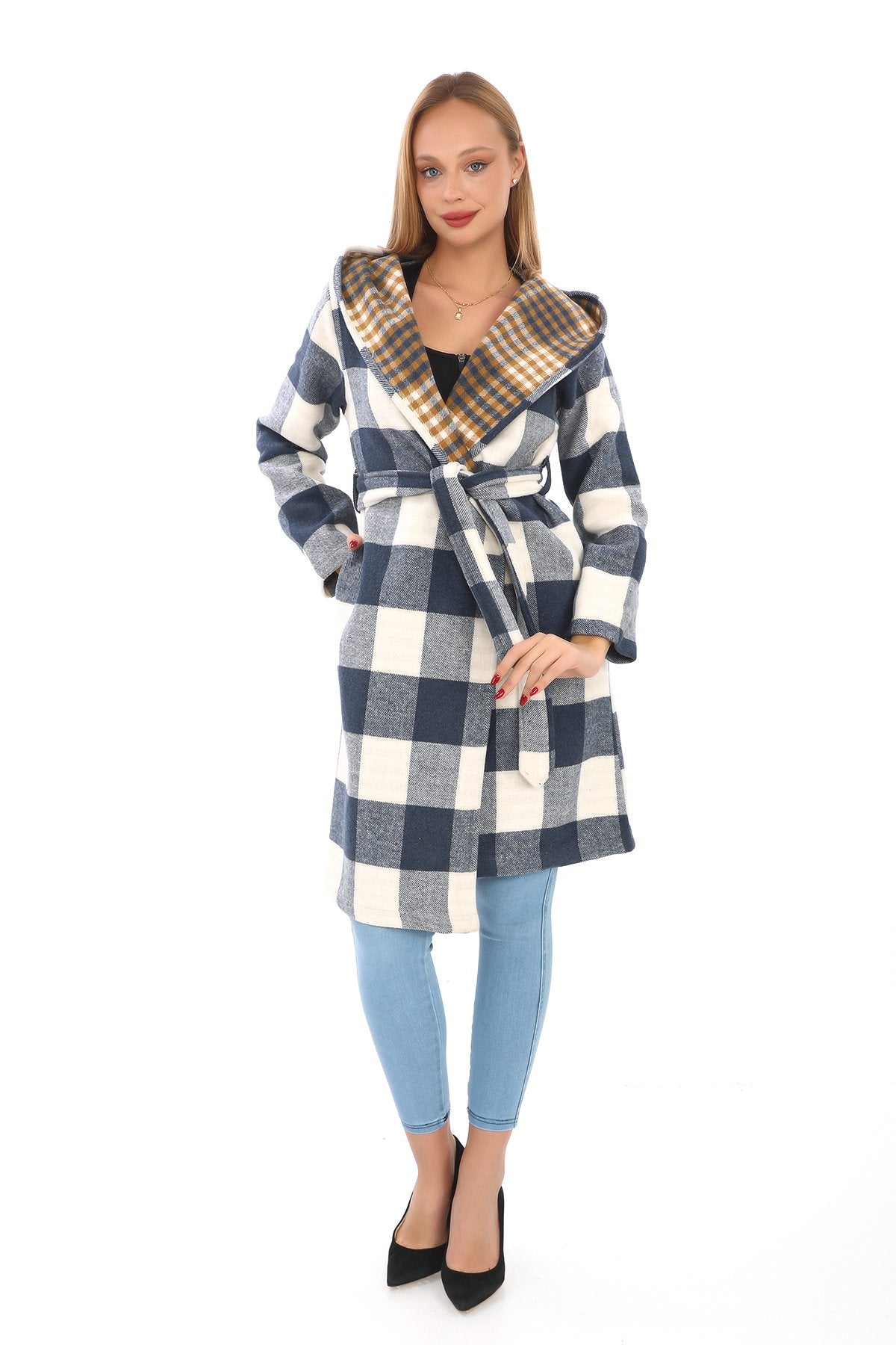 kadın ekose kuşaklı mont