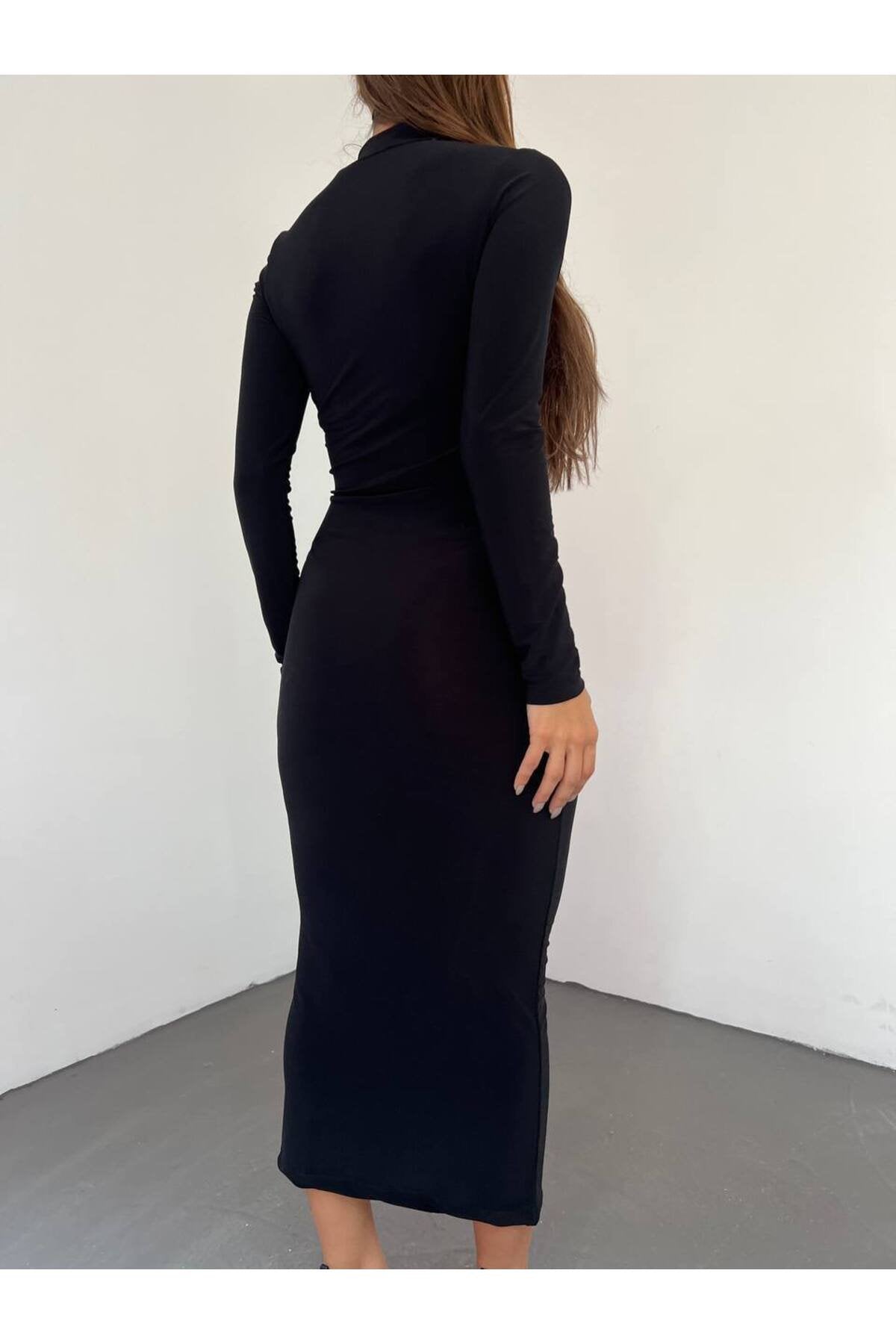 Bel Tül Detaylı Şık Midi Elbise