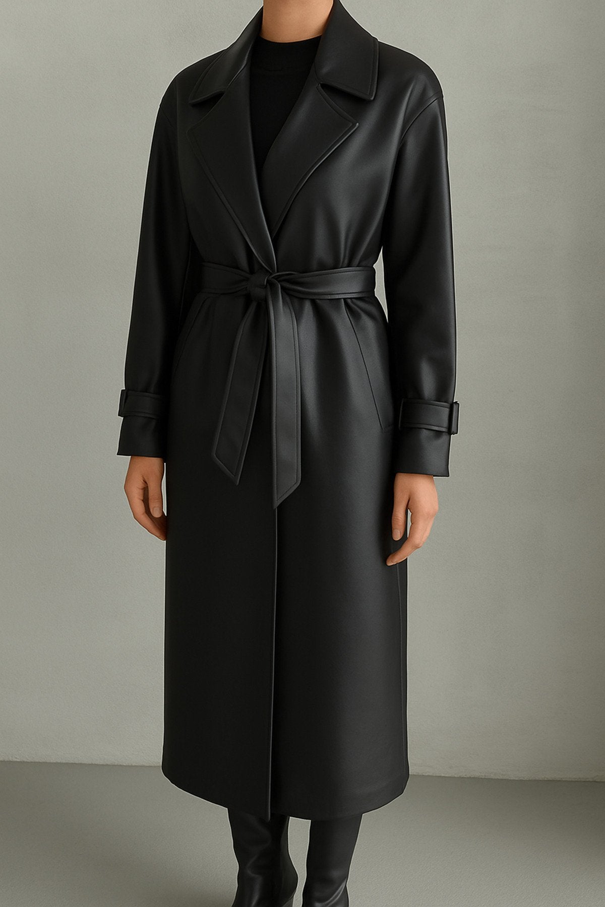 KEMER DETAYLI UZUN DERİ TRENÇ