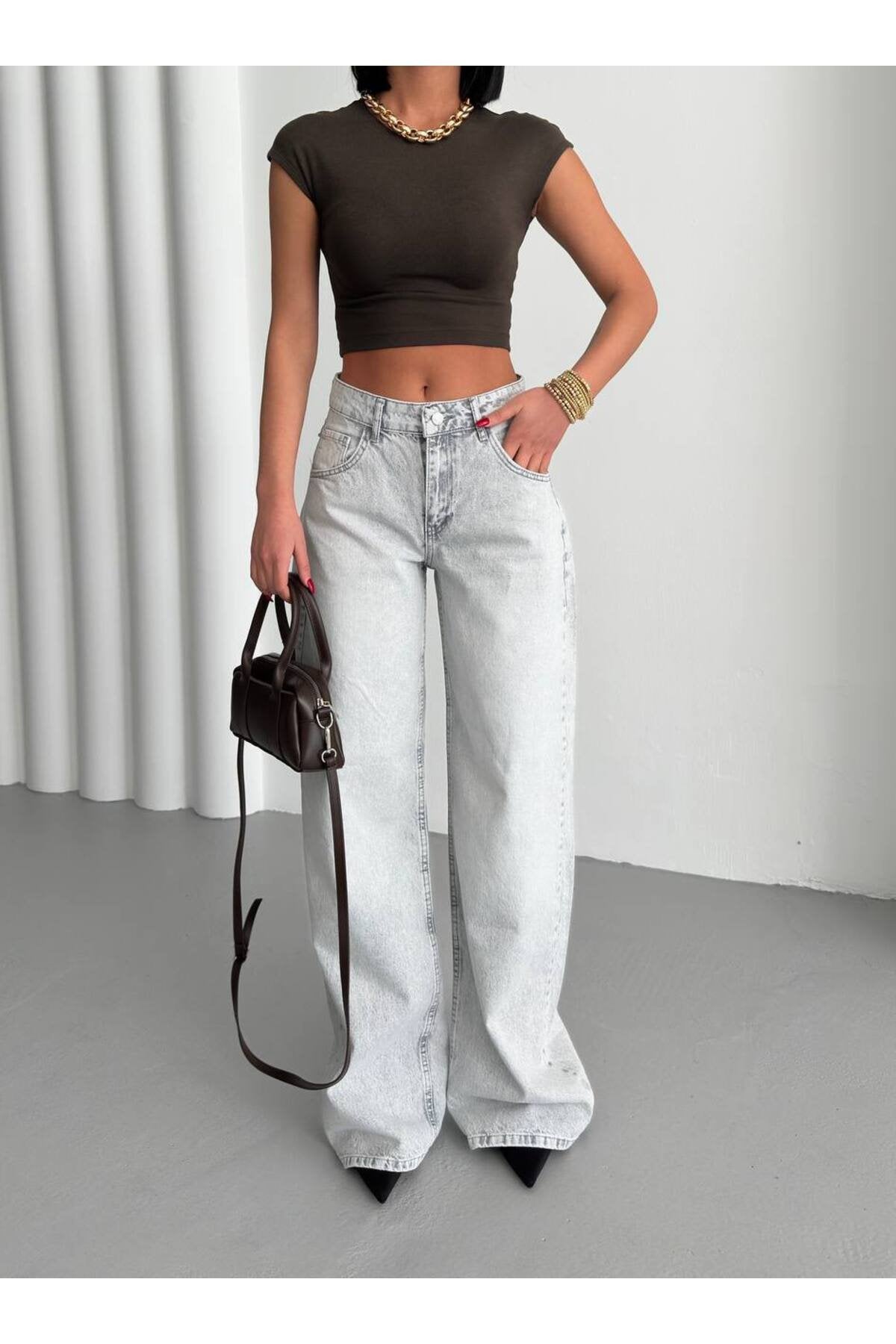 Yüksek Bel Geniş Paça Yıkamalı Kot Pantolon