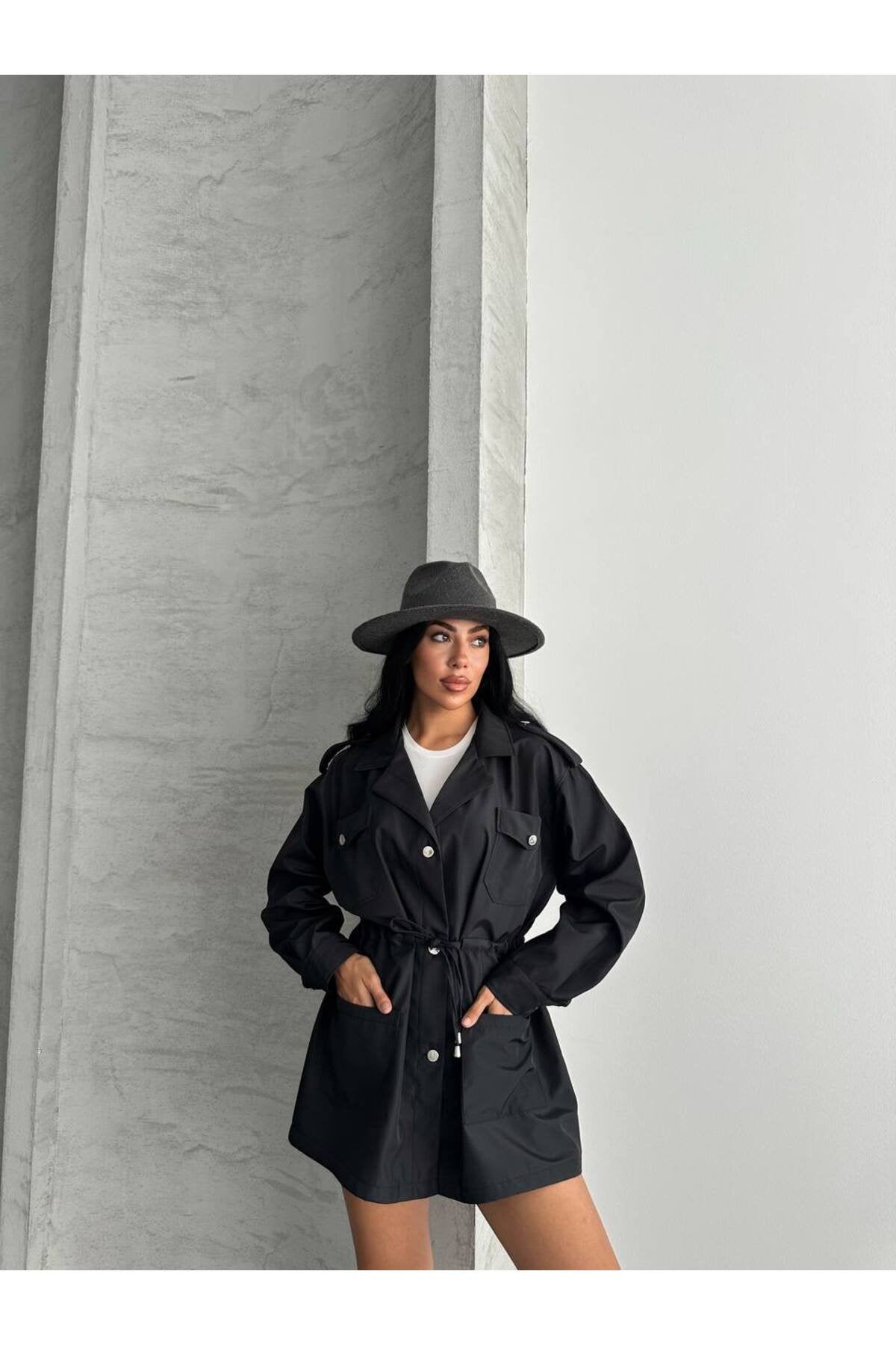 4 CEPLİ BEL BAĞLAMALI KISA TRENCH COAT CEKET