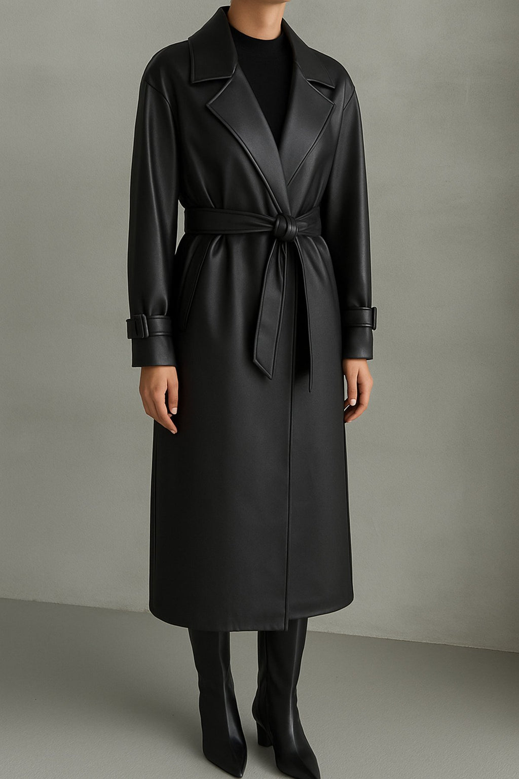 KEMER DETAYLI UZUN DERİ TRENÇ