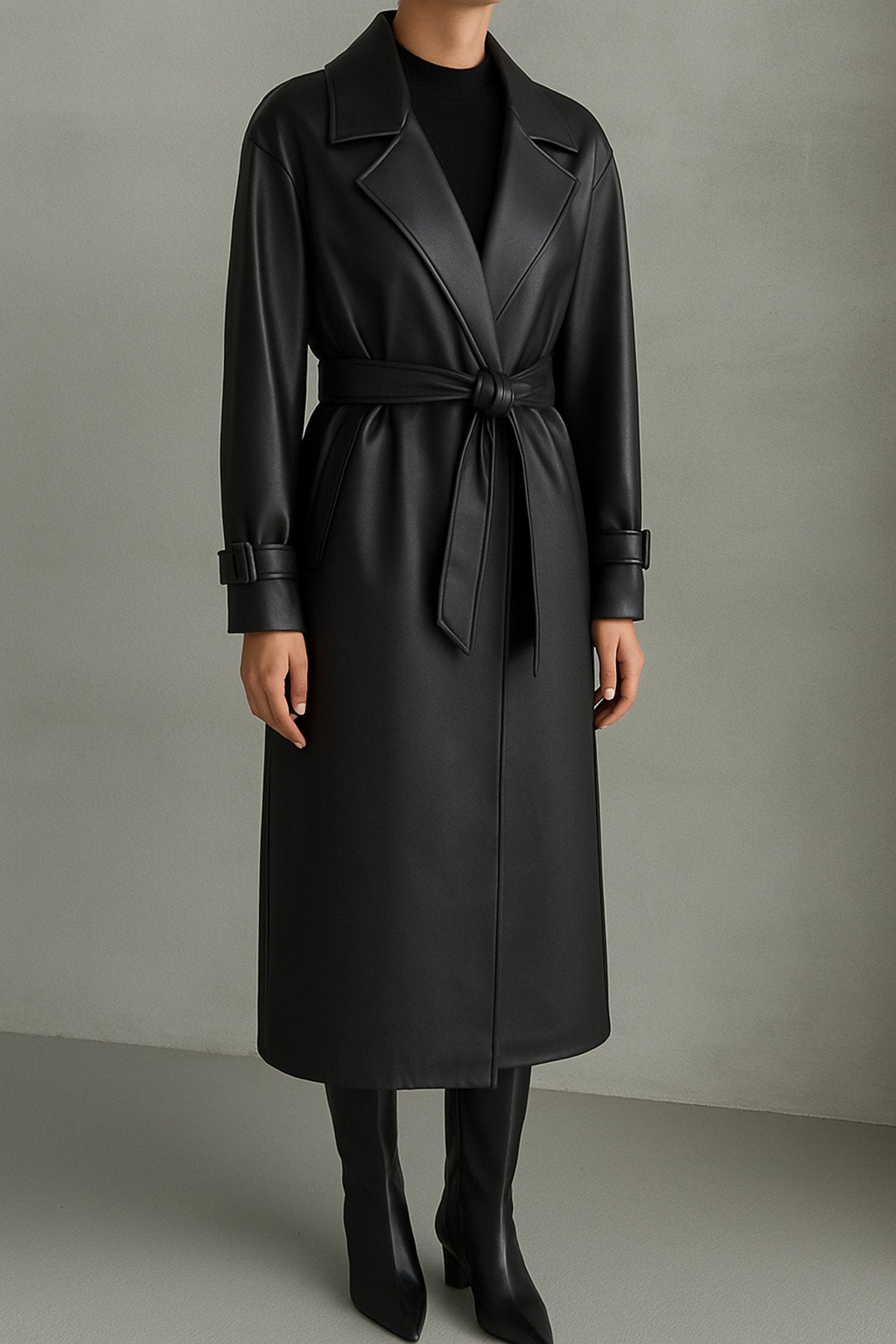 KEMER DETAYLI UZUN DERİ TRENÇ