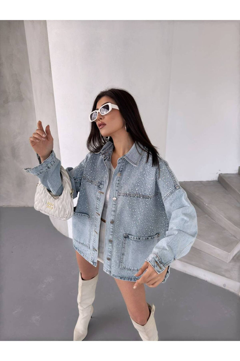 "Taş Detaylı Oversize Kot Ceket"