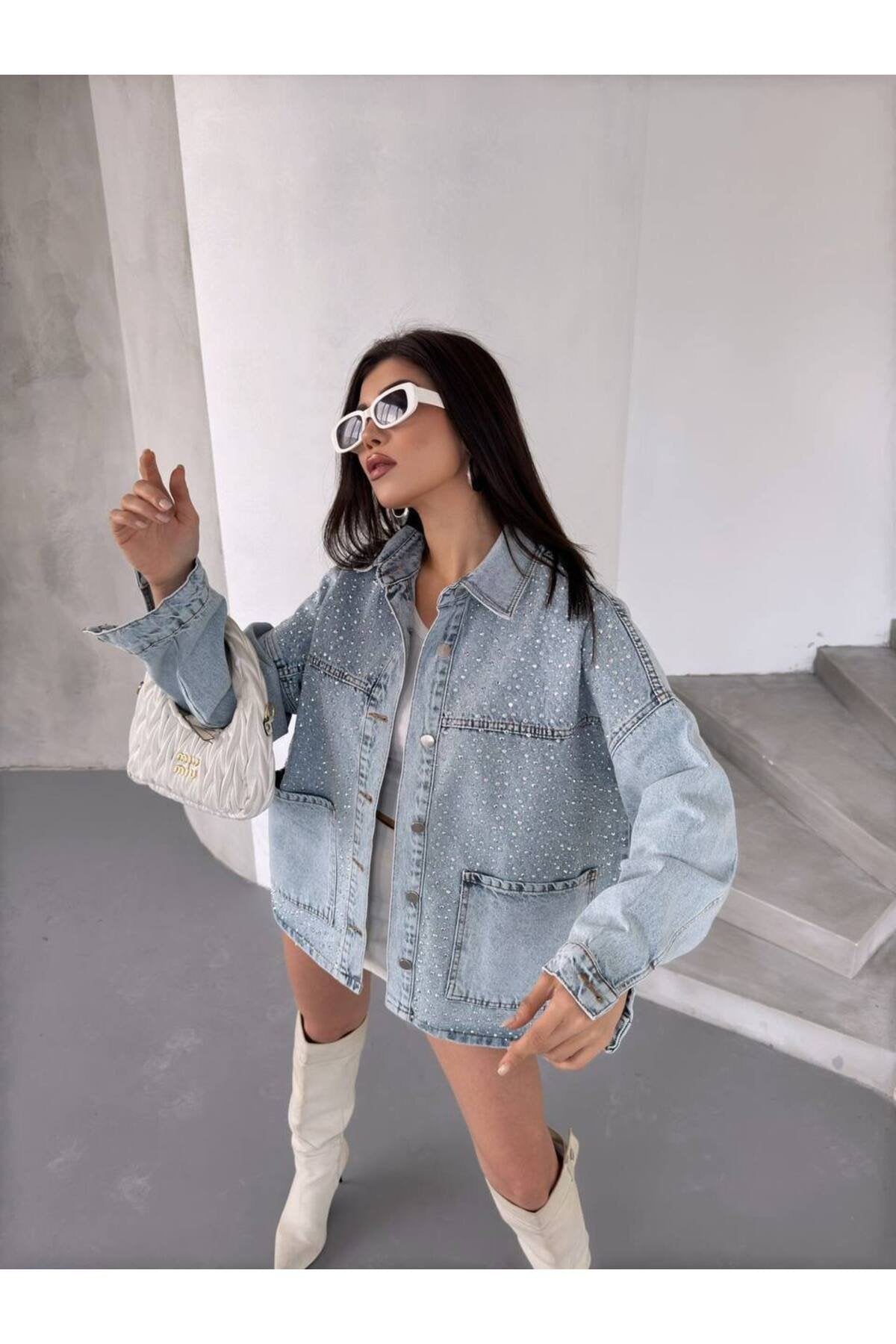 "Taş Detaylı Oversize Kot Ceket"