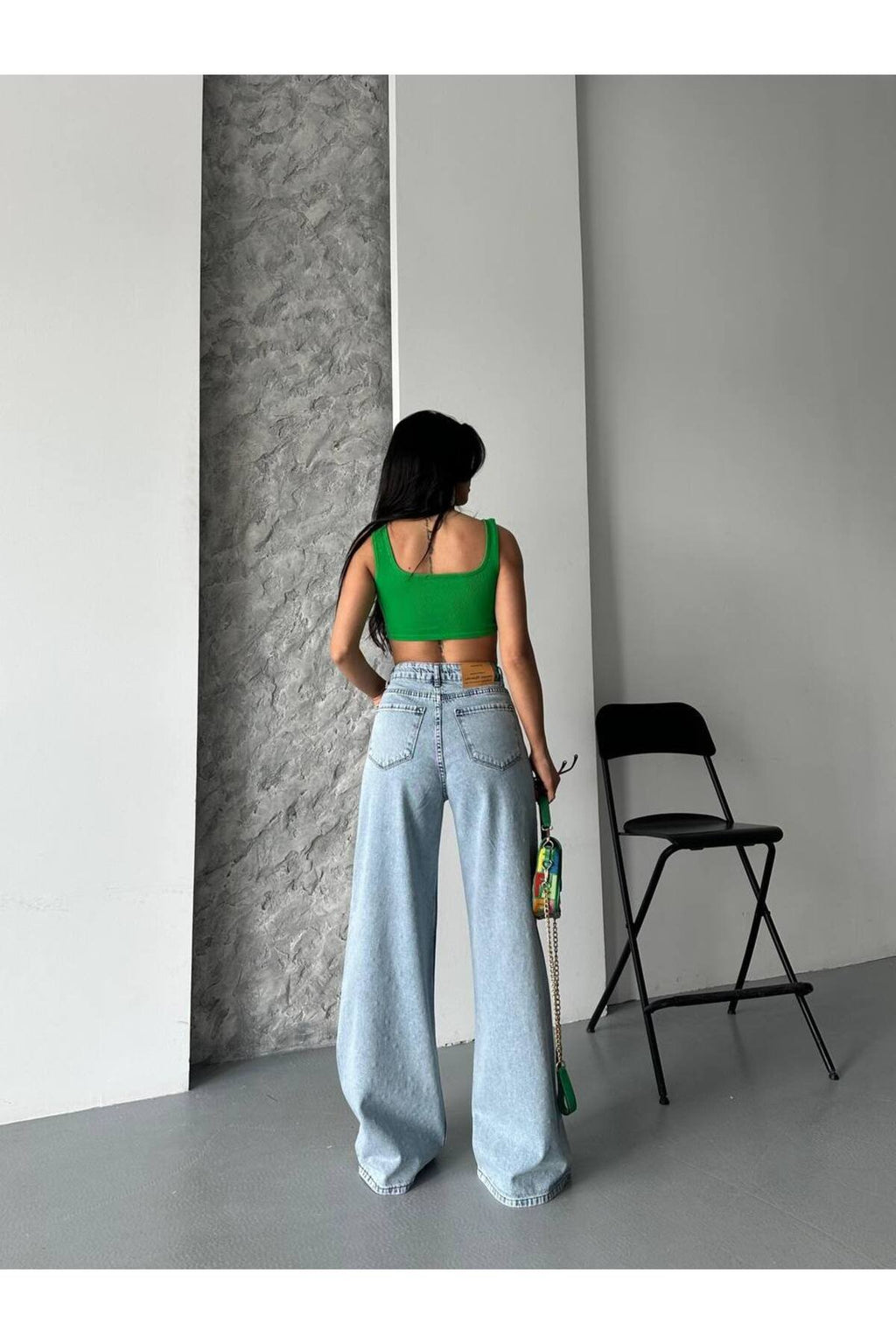 Işıltılı Taş Detaylı Bol Paça Jean Pantolon – Yüksek Bel