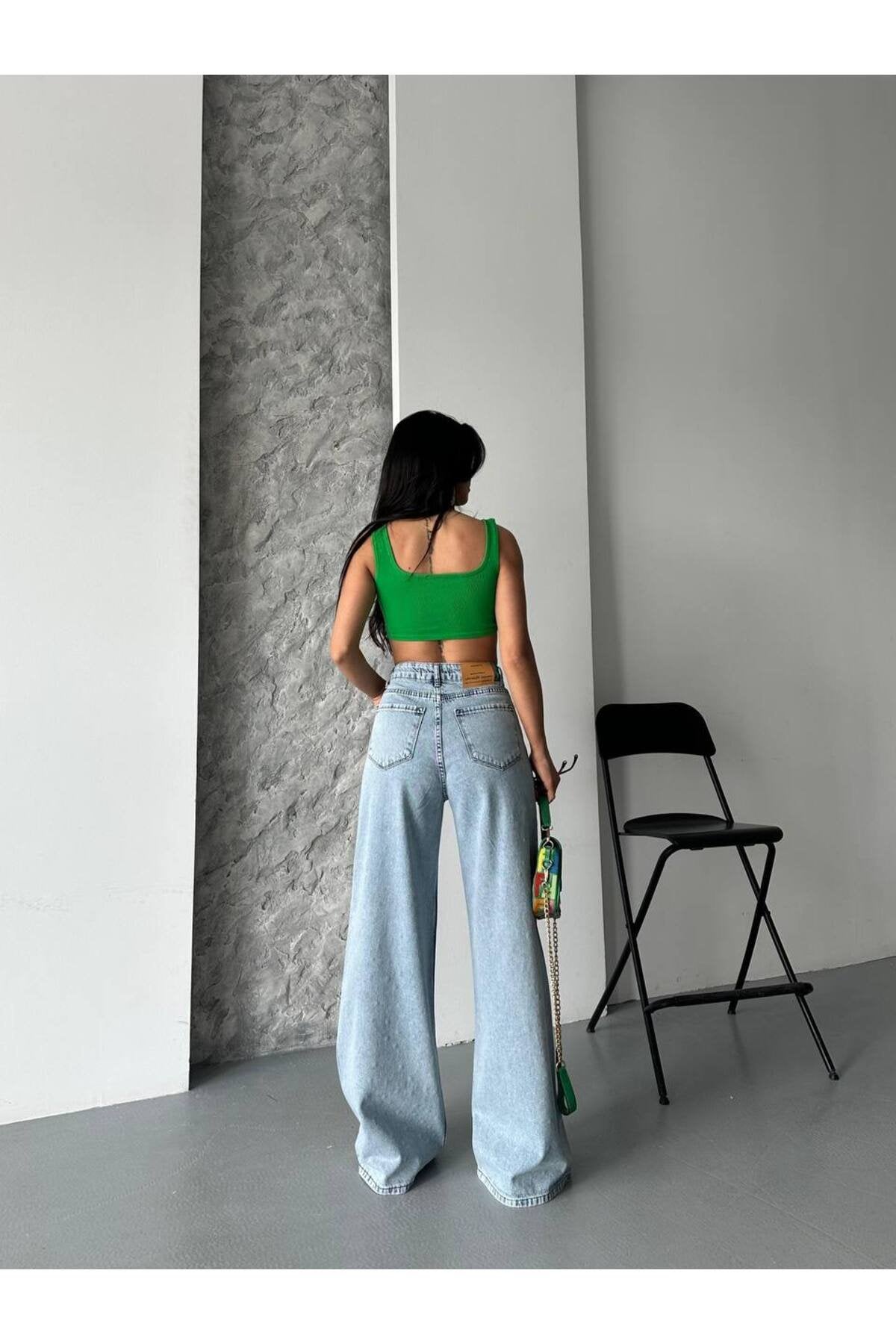 Işıltılı Taş Detaylı Bol Paça Jean Pantolon – Yüksek Bel