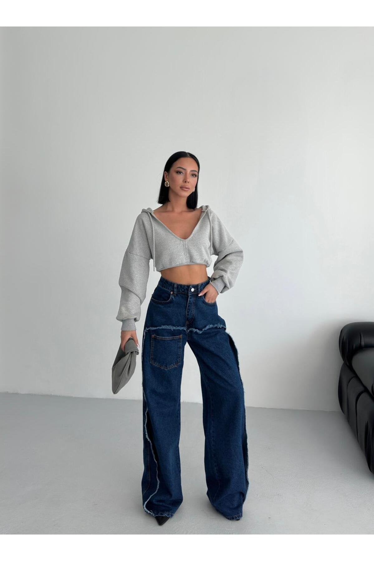 Dikiş Detaylı Geniş Paça Kadın Jean Pantolon