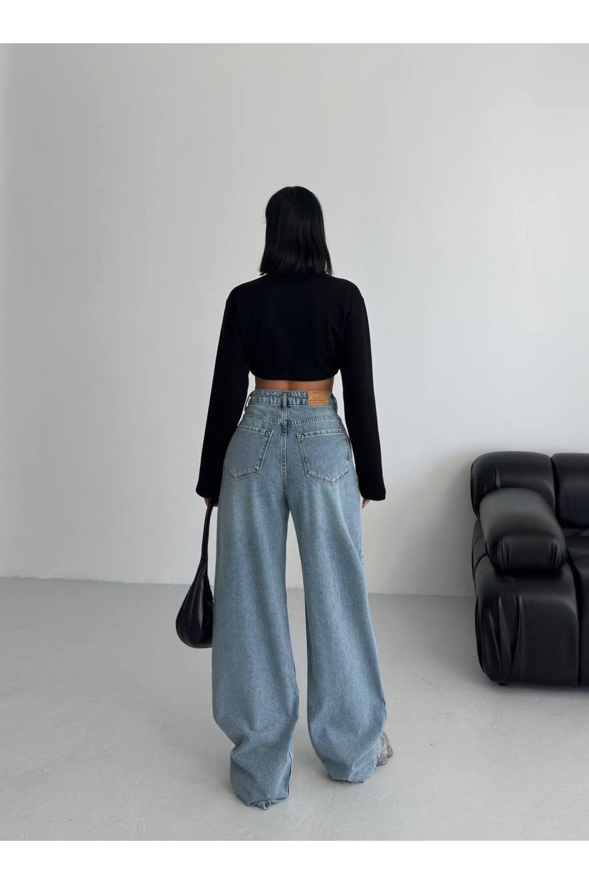 Yüksek Bel Geniş Paça Kadın Jean Pantolon