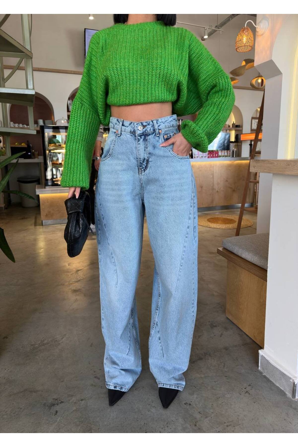 kadın Pensli Baggy Jean  pantolon