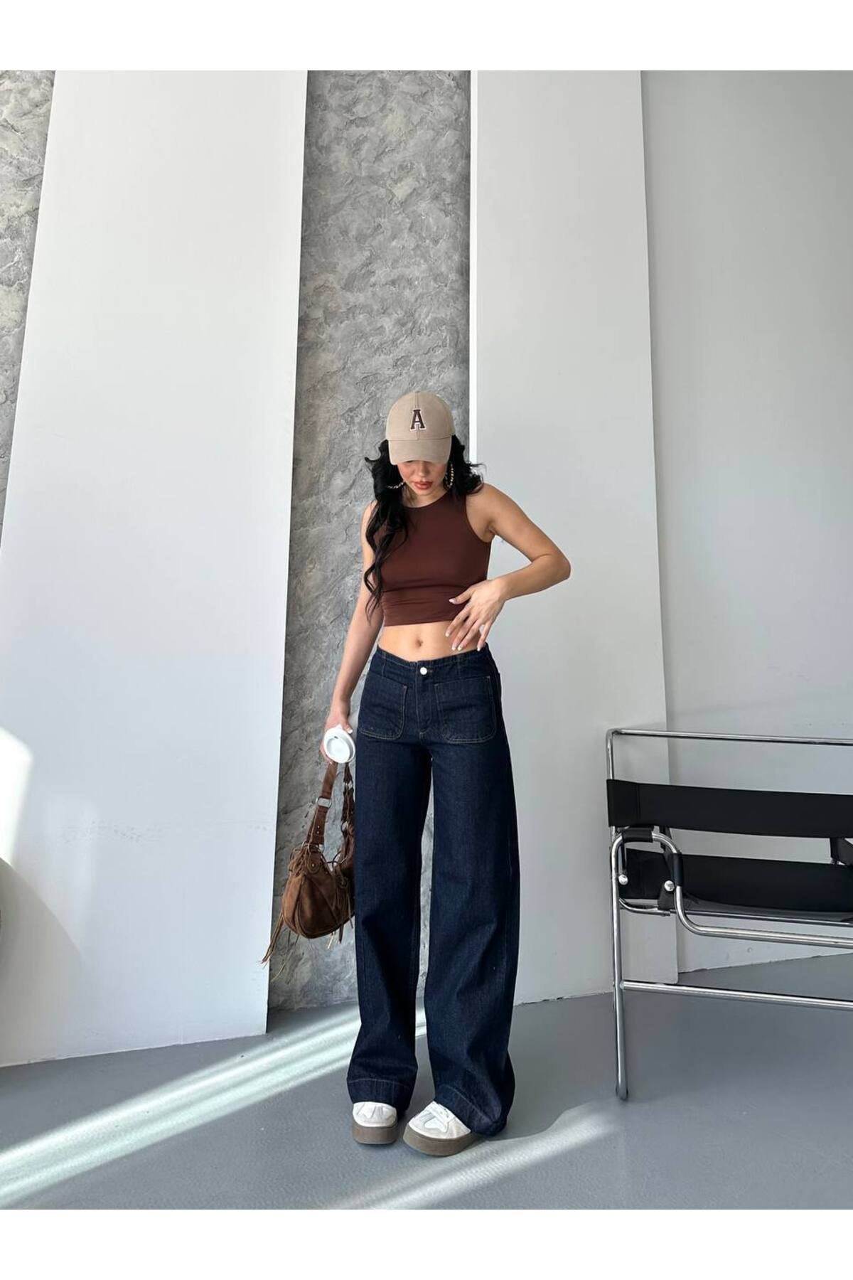 Kadın Yüksek Bel Cepli Bol Paça Denim Pantolon