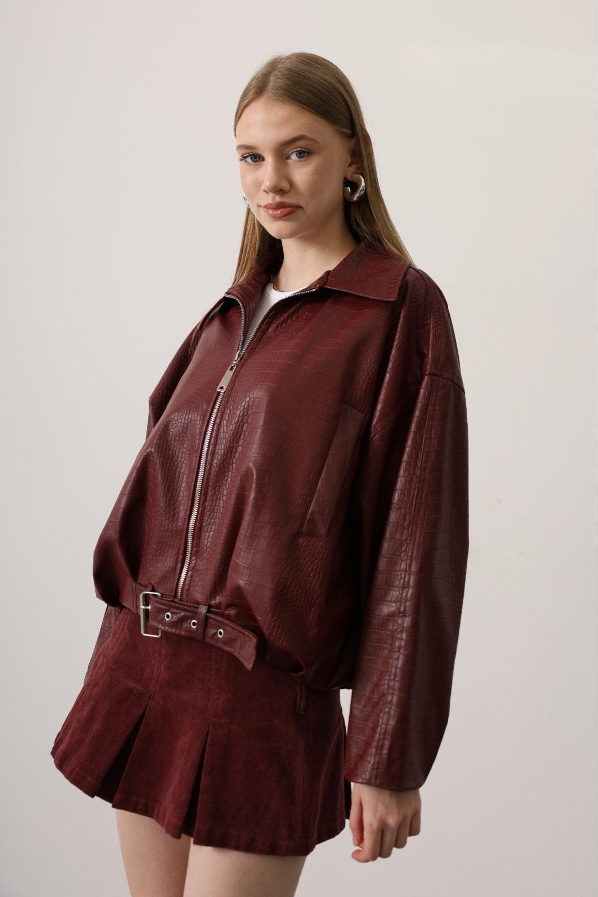 DERİ KEMERLİ BOMBER ÇEKET - Kırmızı