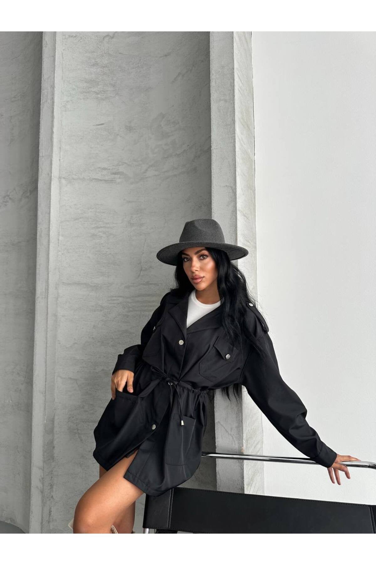 4 CEPLİ BEL BAĞLAMALI KISA TRENCH COAT CEKET