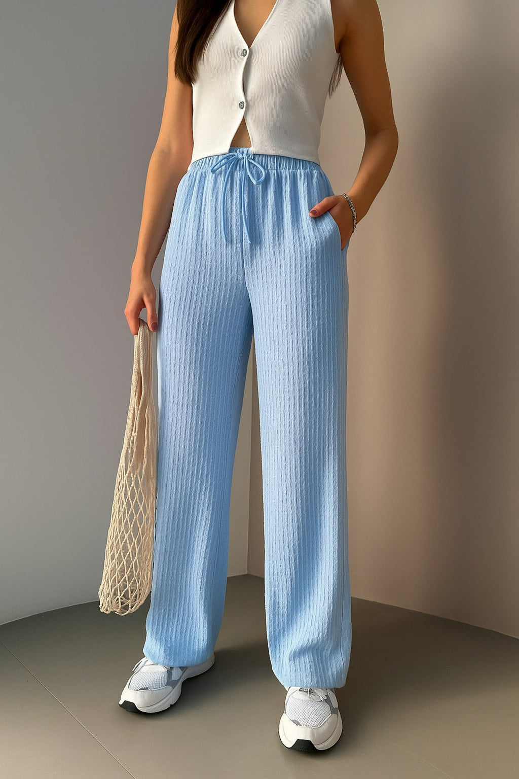 Lastikli Bel Rahat Kesim Dokuma Pantolon