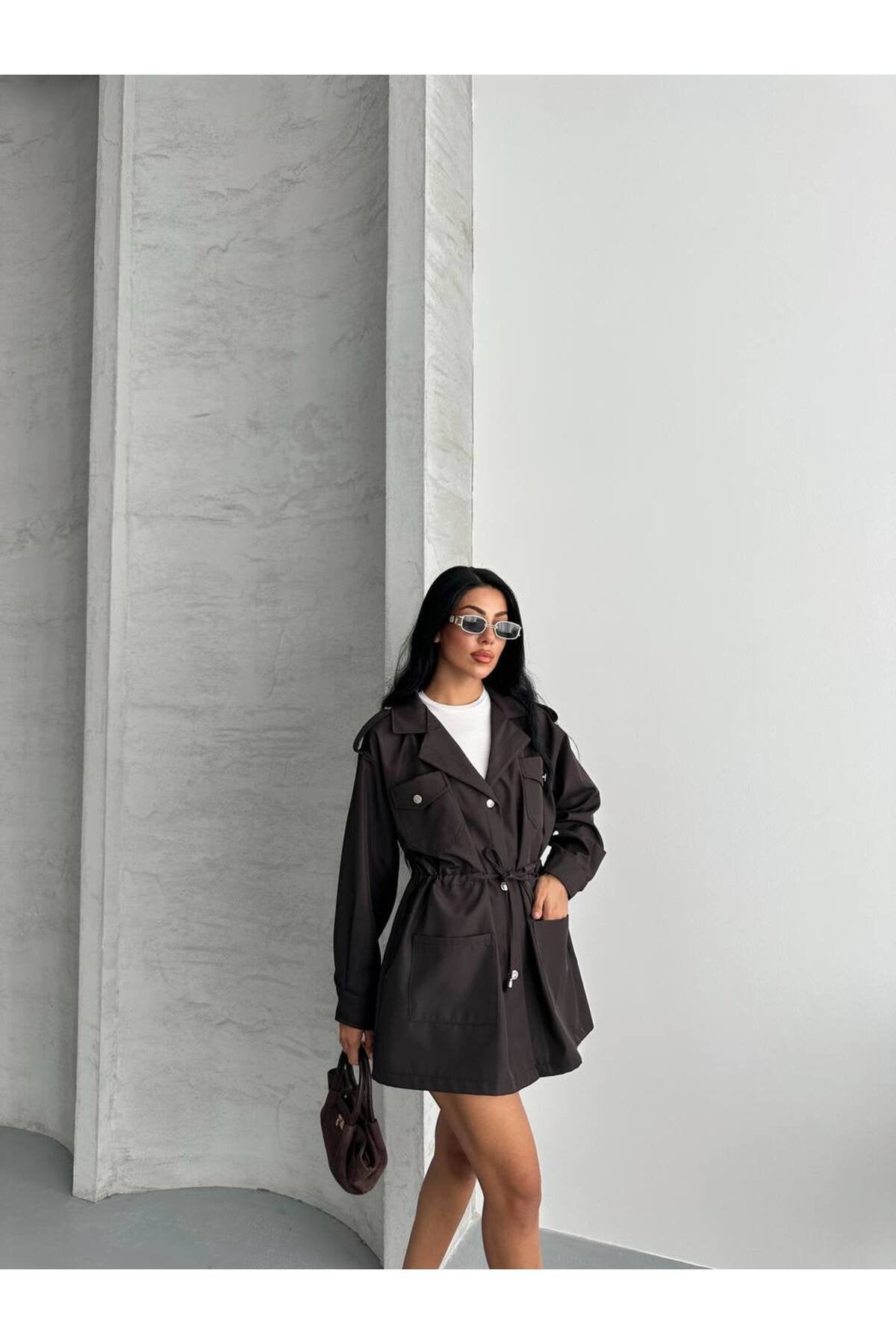 4 CEPLİ BEL BAĞLAMALI KISA TRENCH COAT CEKET