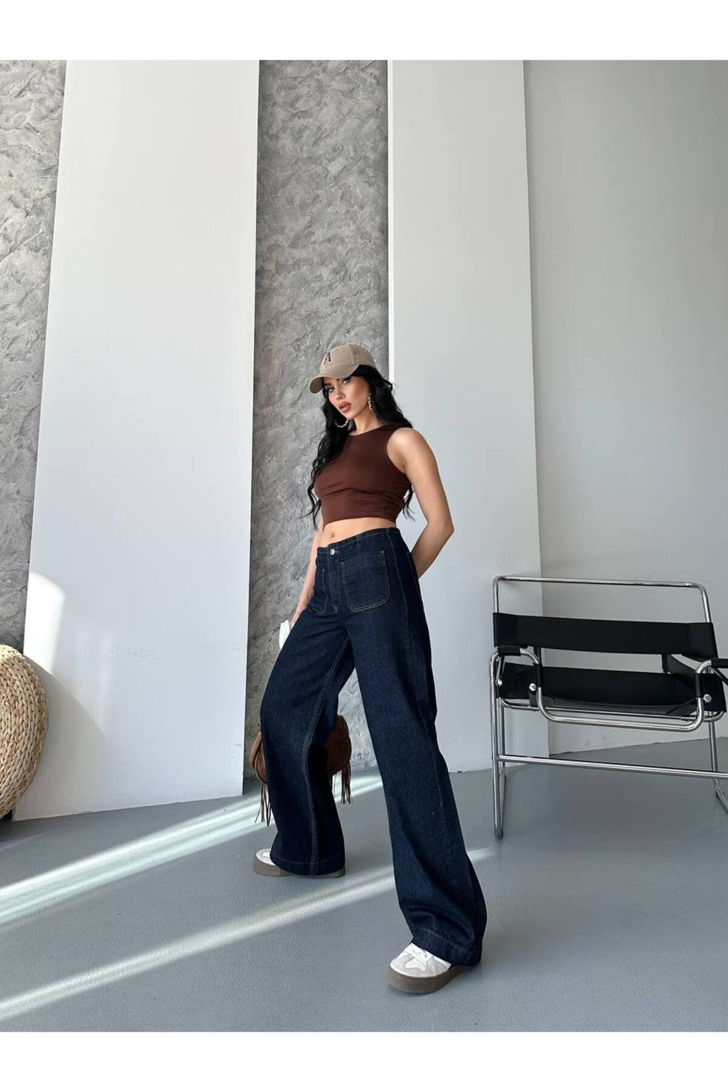 Kadın Yüksek Bel Cepli Bol Paça Denim Pantolon