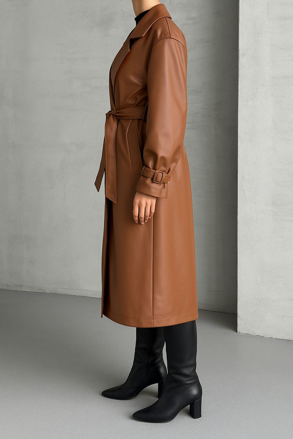 KEMER DETAYLI UZUN DERİ TRENÇ