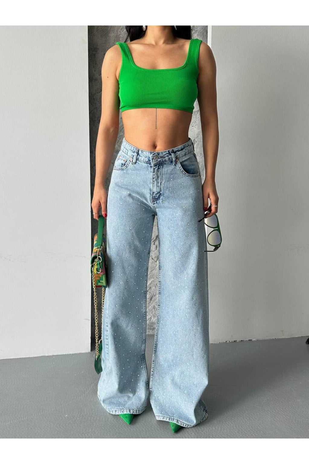 Işıltılı Taş Detaylı Bol Paça Jean Pantolon – Yüksek Bel
