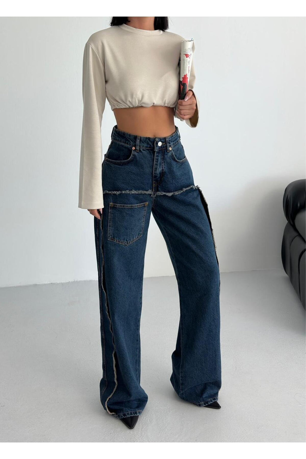 Dikiş Detaylı Geniş Paça Kadın Jean Pantolon