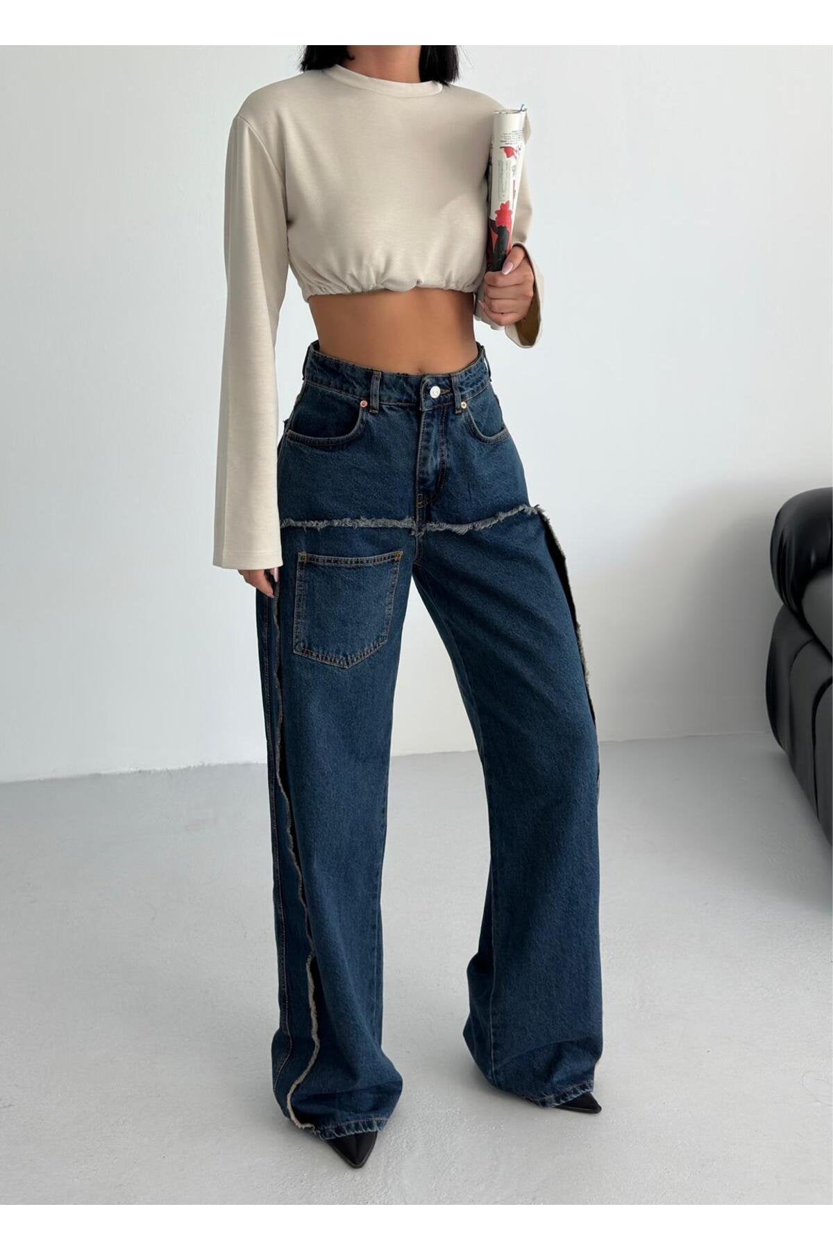 Dikiş Detaylı Geniş Paça Kadın Jean Pantolon