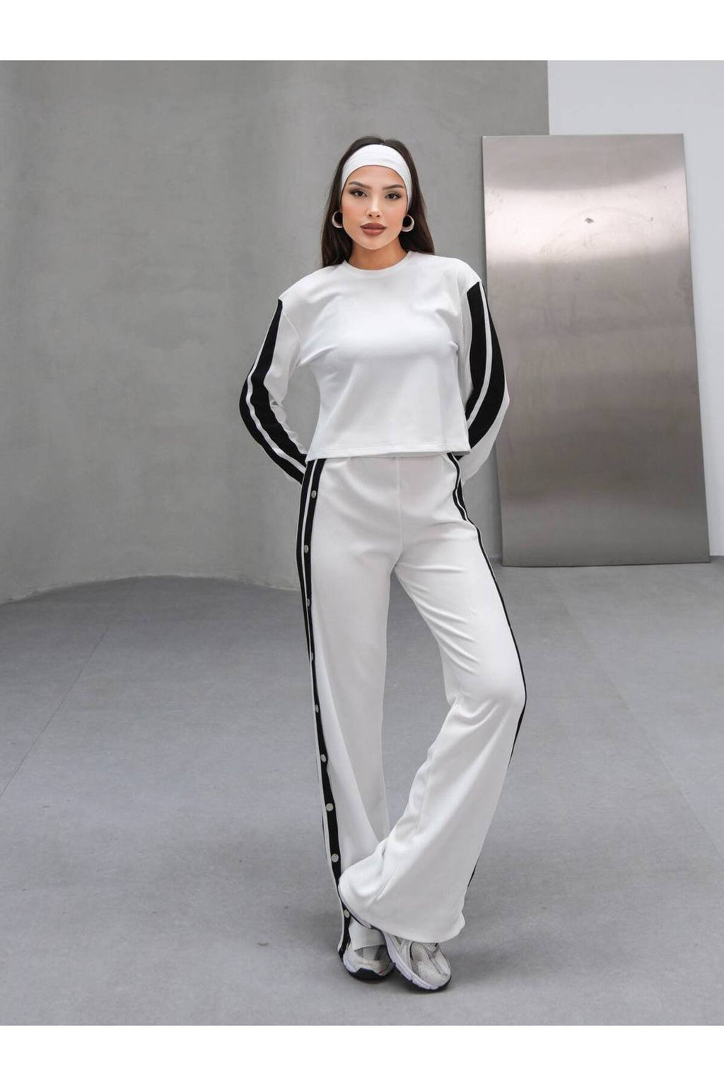 Çıtçıt Detaylı Yan Şeritli Kadın İkili Spor Takım