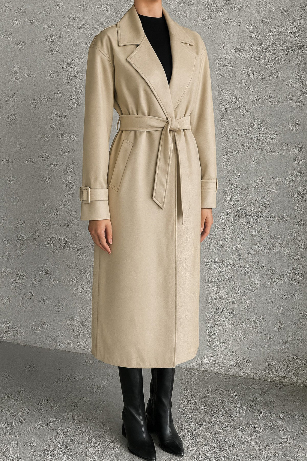 KEMER DETAYLI UZUN DERİ TRENÇ