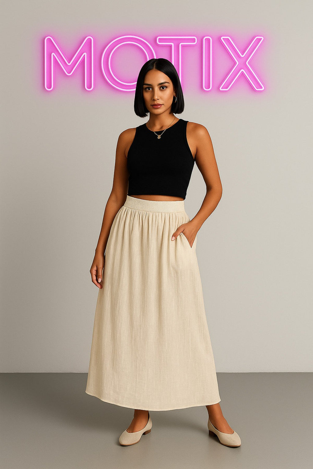 Doğal Şıklığın Simgesi: krem Renk Salaş Kesim Midi Etek