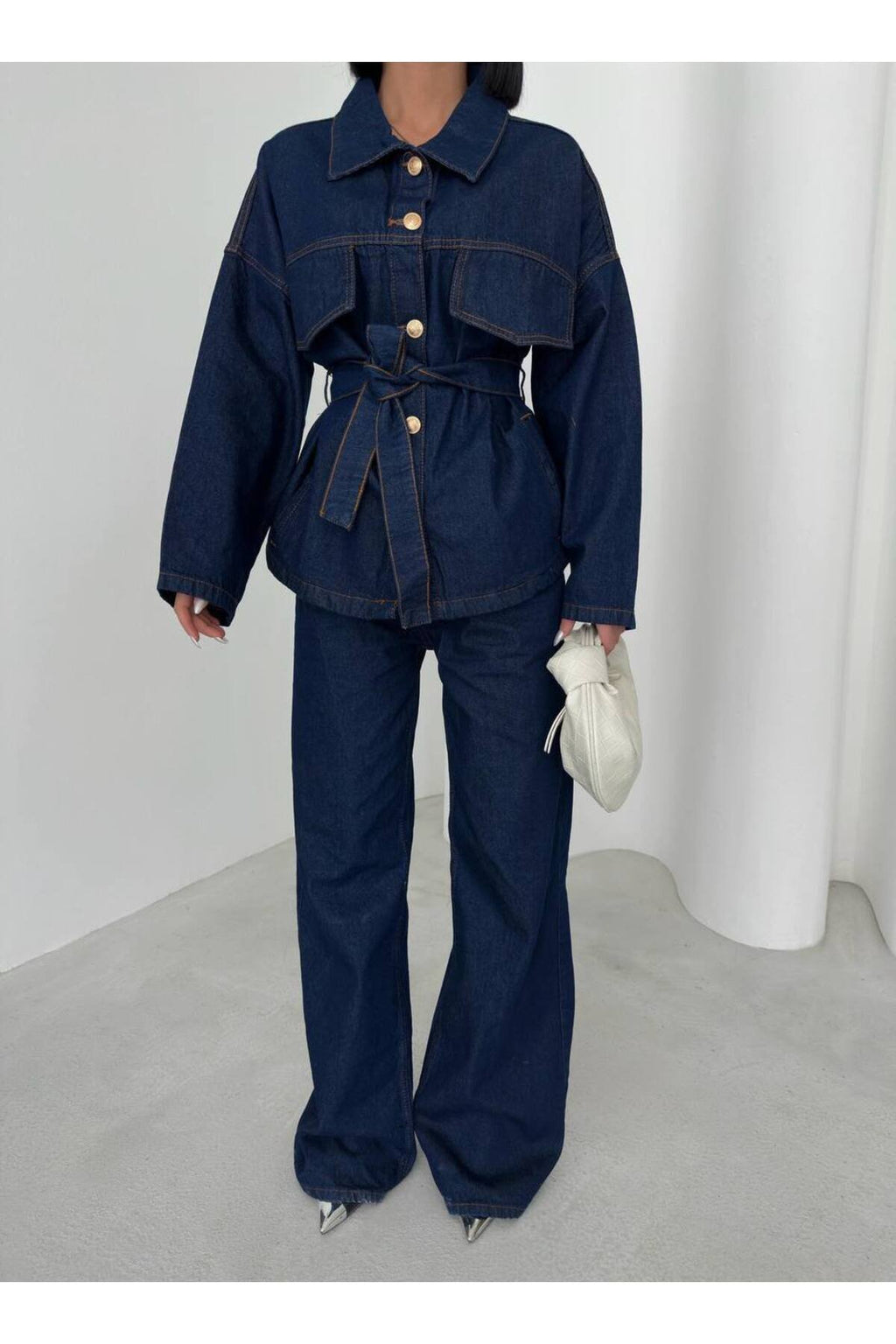 Kemer Detaylı Denim İkili Takım