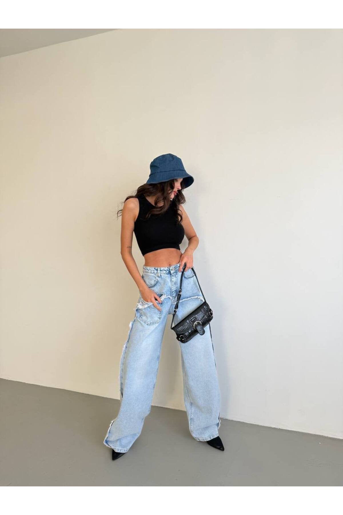 Dikiş Detaylı Geniş Paça Kadın Jean Pantolon