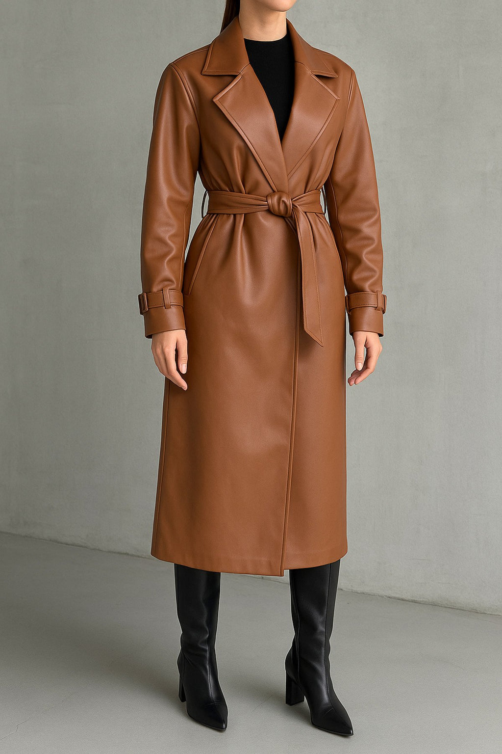 KEMER DETAYLI UZUN DERİ TRENÇ