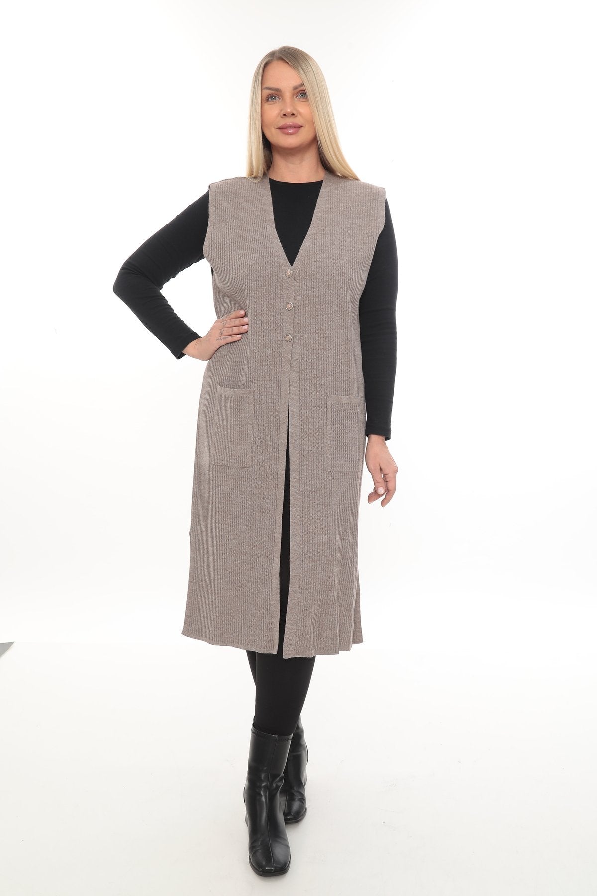 Klasik Kesim Uzun Triko Yelek Anne yelek