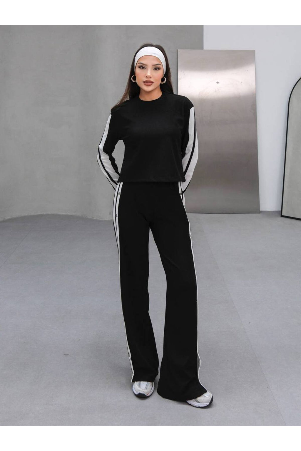 Çıtçıt Detaylı Yan Şeritli Kadın İkili Spor Takım