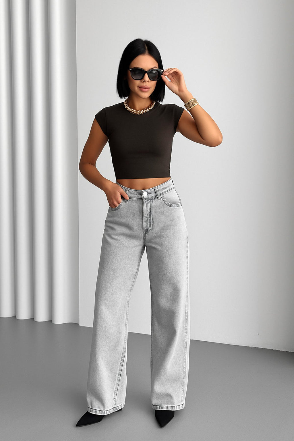 Yüksek Bel Geniş Paça Yıkamalı Kot Pantolon