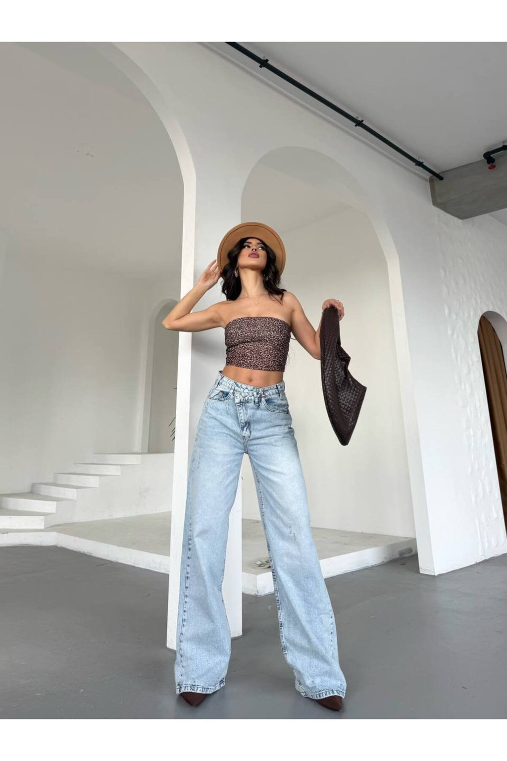 Yüksek Bel Çift Düğmeli Bol Paça Denim Pantolon