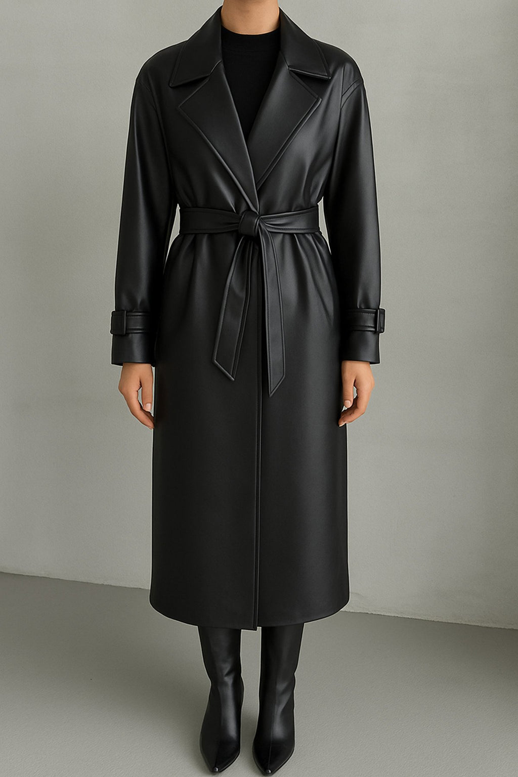 KEMER DETAYLI UZUN DERİ TRENÇ